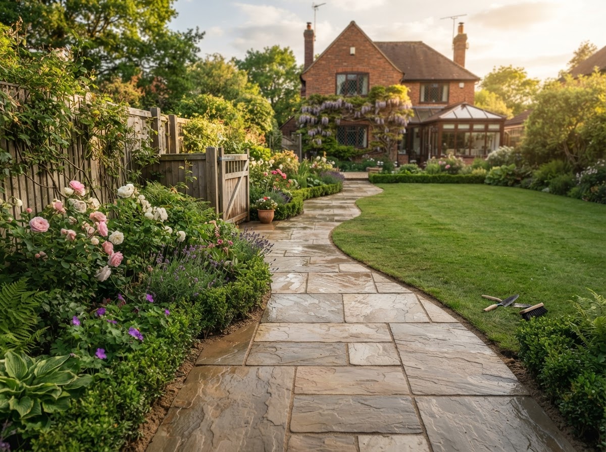 Freshly laid natural stone paving forming a clean garden patio path in a tidy back garden.