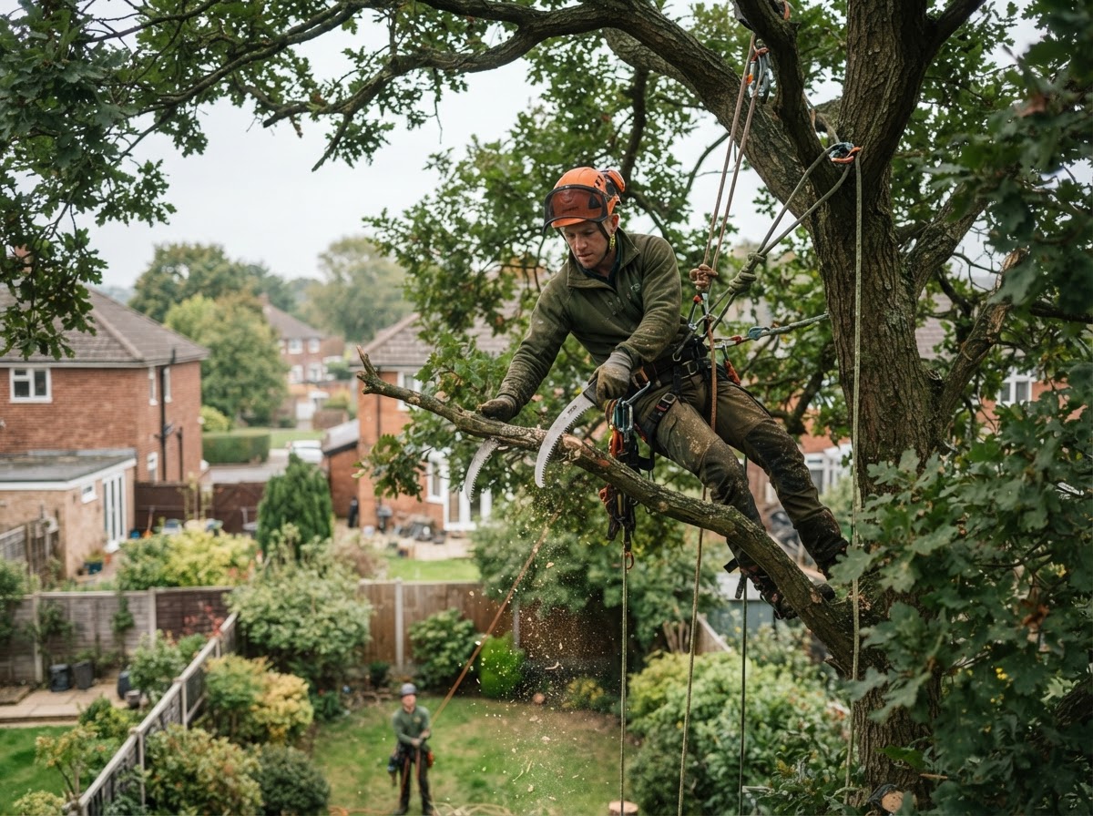 A tree surgeon in a helmet and climbing harness pruning branches high in a mature tree.