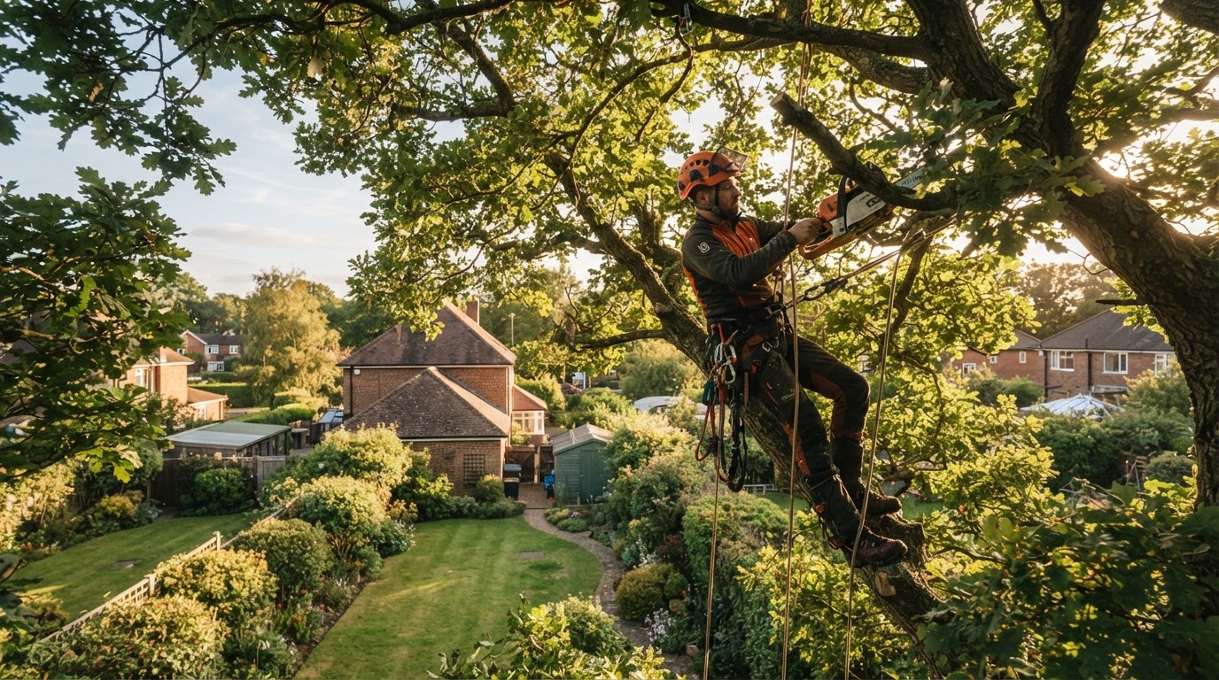 A tree surgeon in a helmet and climbing harness working high in the canopy of a mature tree in an English garden.