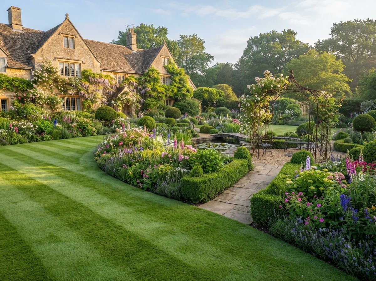 A neatly maintained English garden with a trimmed lawn, edged borders and healthy shrubs.