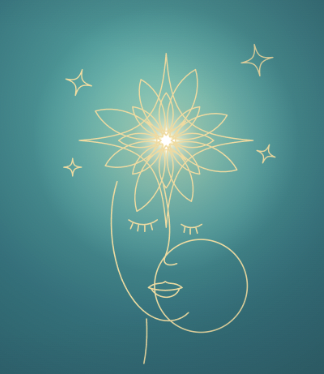 Sisterhood Stories of Light with gold line art woman face and glowing star