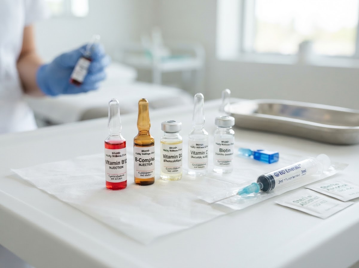 Intramuscular vitamin injection ampoules and sterile syringe for B12, B complex, Vitamin D, Vitamin C and Biotin