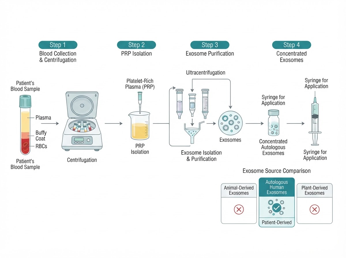 Scientific diagram showing platelet-derived exosomes being isolated from a patient's own blood, and a comparison of autologous human exosomes versus animal and plant derived exosomes
