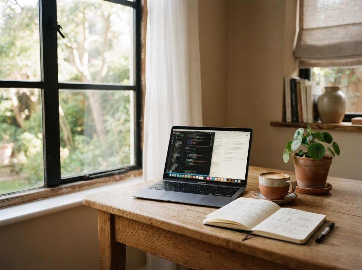 Escritorio de Alexandra junto a una ventana