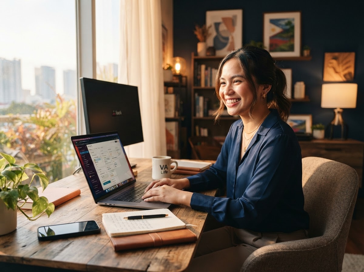 A confident Filipino virtual assistant at work