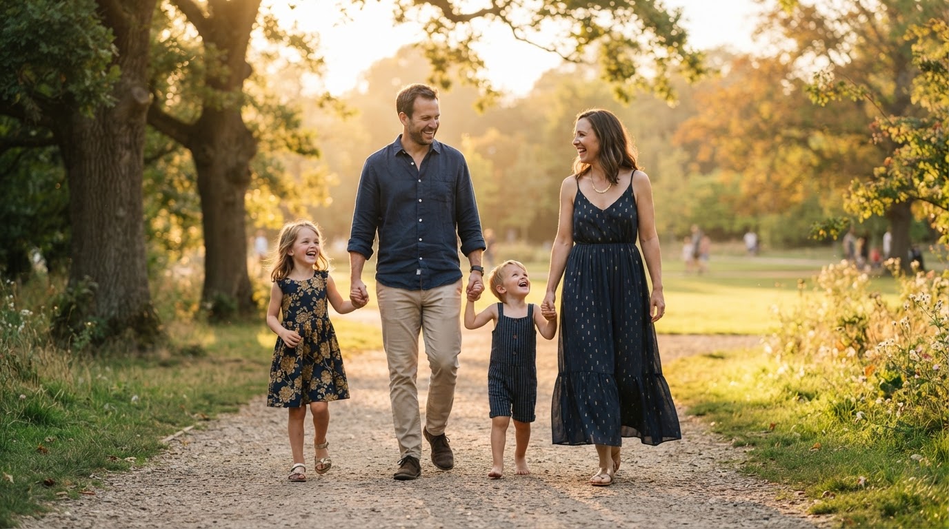 A family walking together in a sunlit park