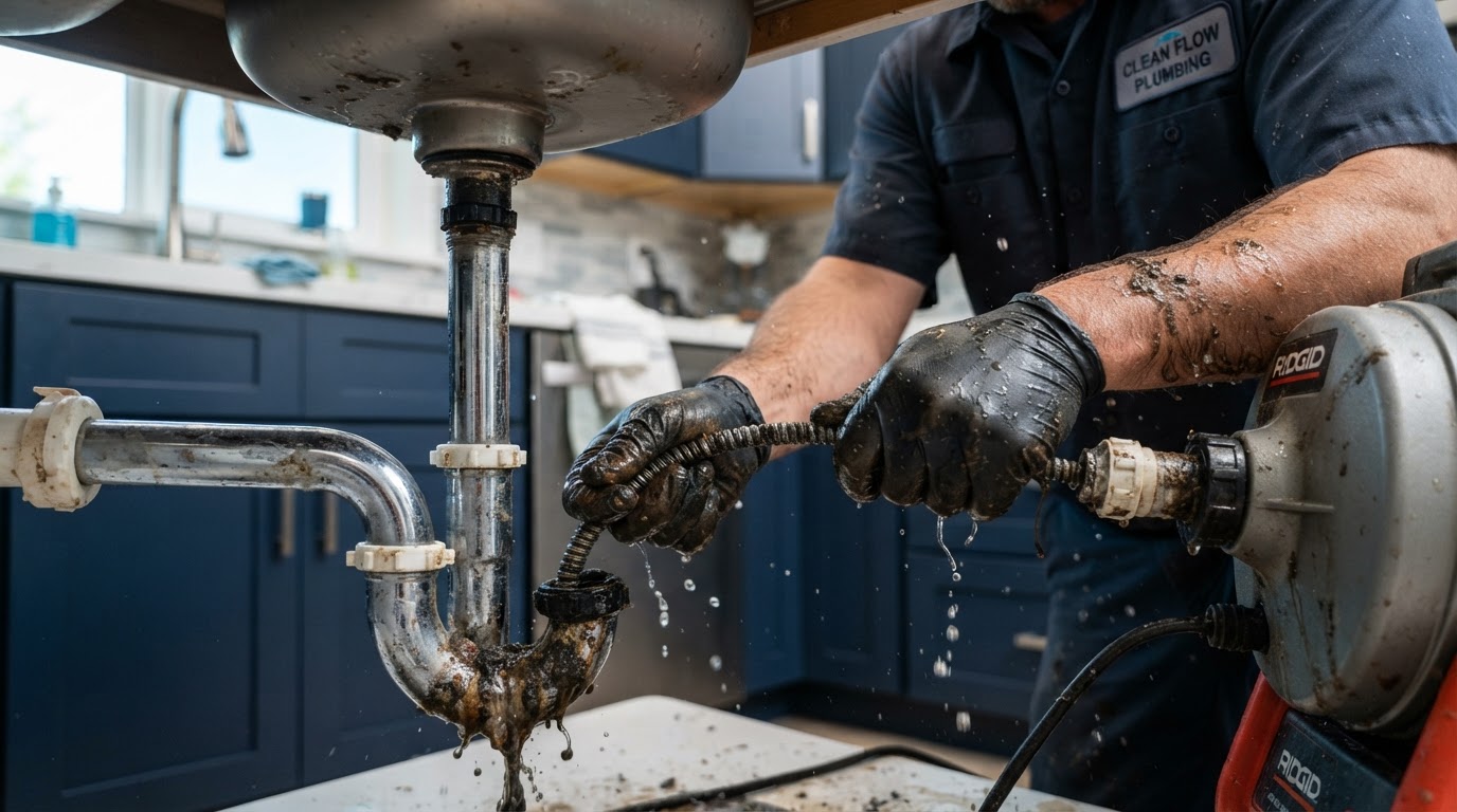 Plumber clearing a clogged kitchen drain with a drain snake