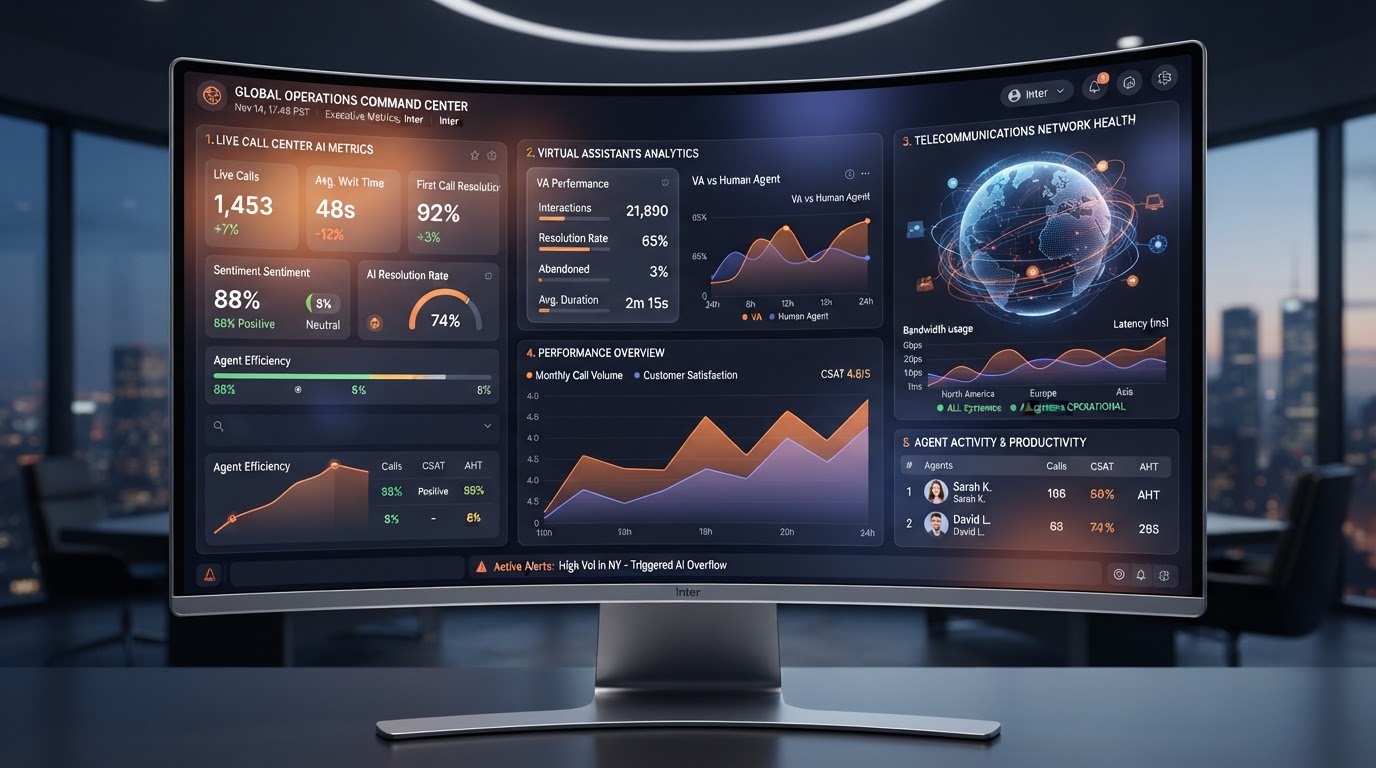 Cloud Ventures dashboard showing live call center analytics and virtual assistant metrics