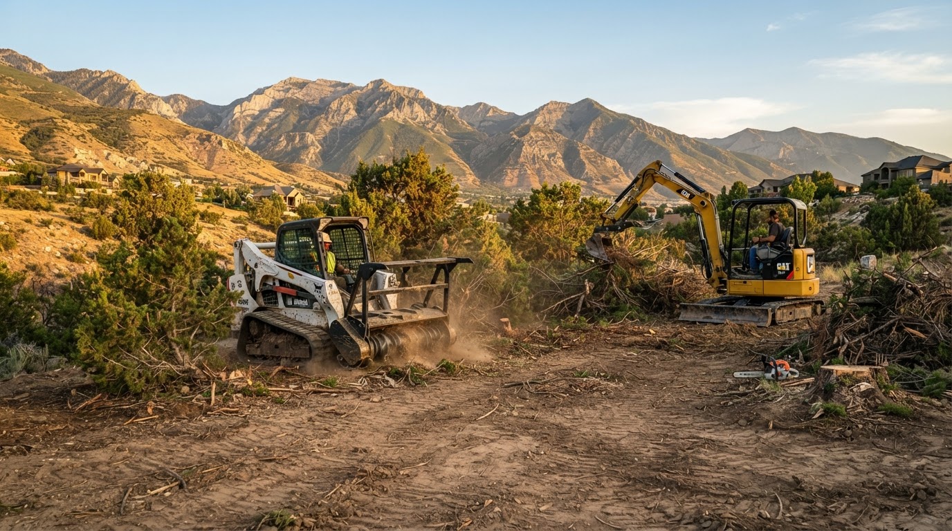 Skid steer and excavator clearing land on a Utah property