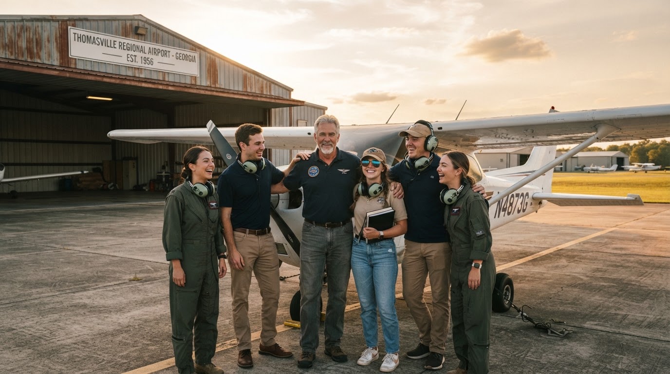 SkyDawgs pilot community and flight students at Thomasville Regional Airport hangar