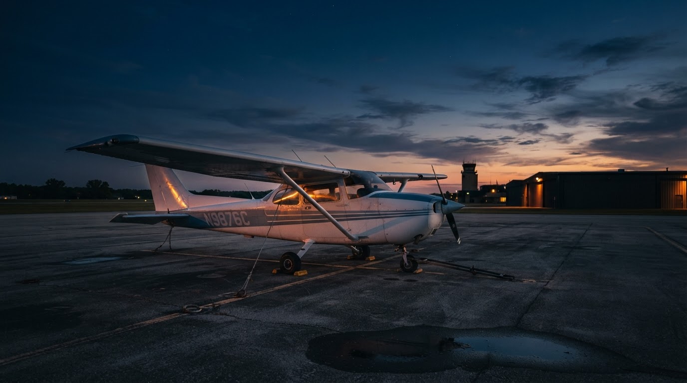 Cessna 172S on the ramp at golden hour at Thomasville Regional Airport