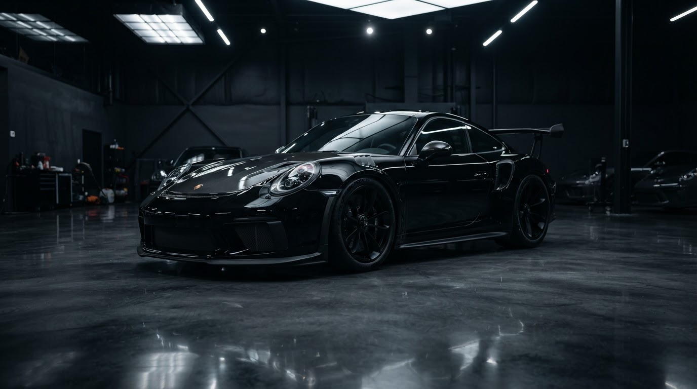 Premium ceramic coated vehicle at night with deep gloss reflections