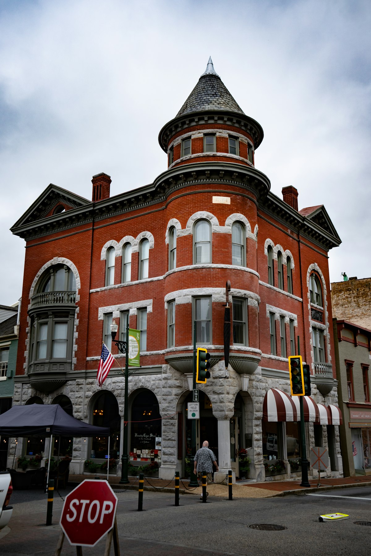 Historic brick building with a turret in downtown Staunton