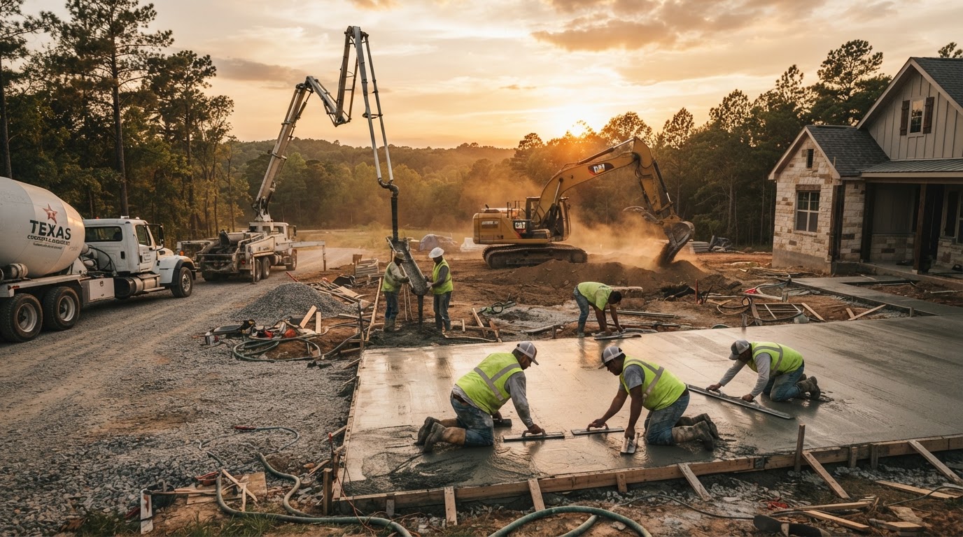 Concrete pour and excavation work site in East Texas at golden hour