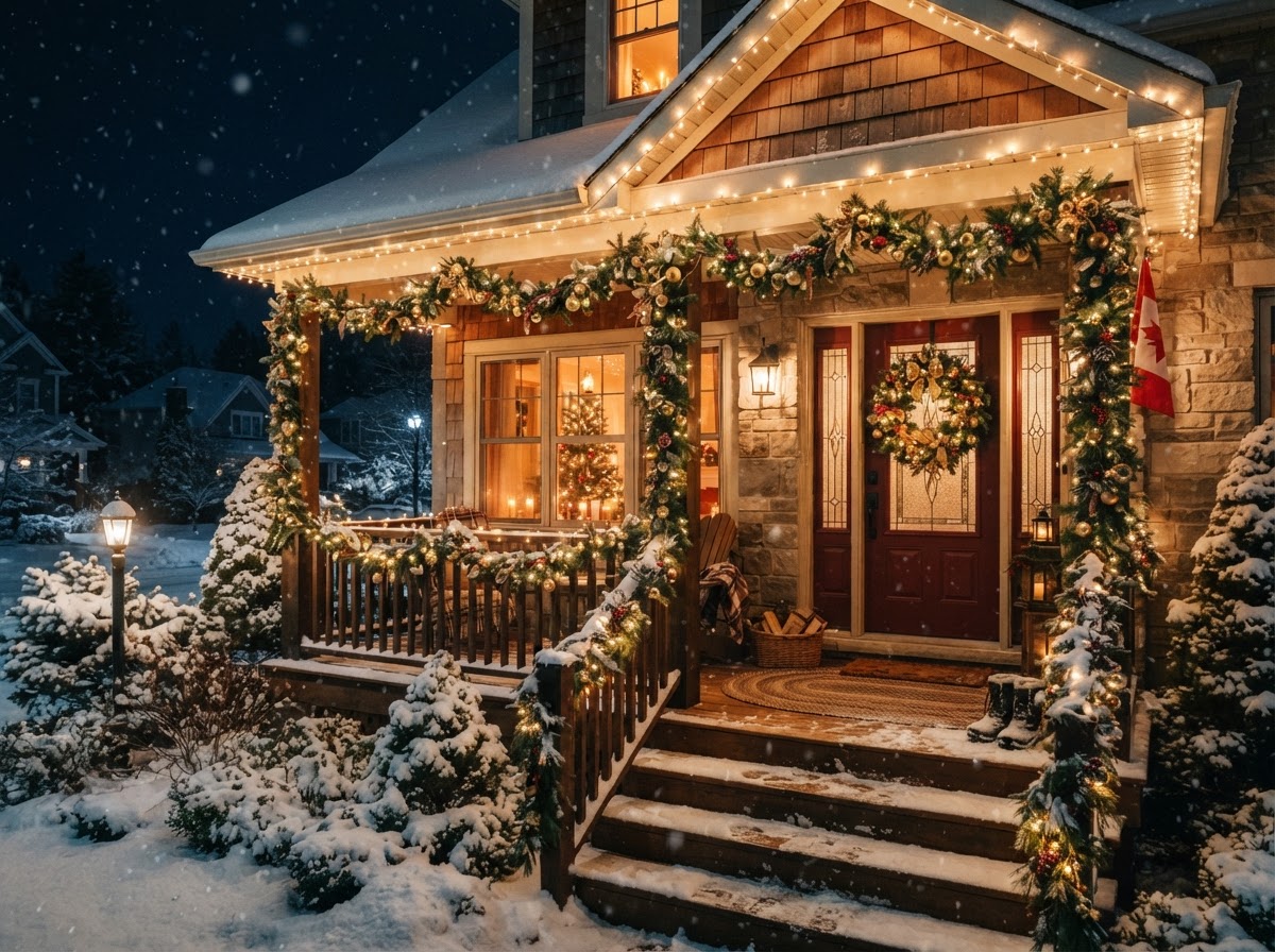 A warmly decorated Christmas front porch with glowing string lights and evergreen garland