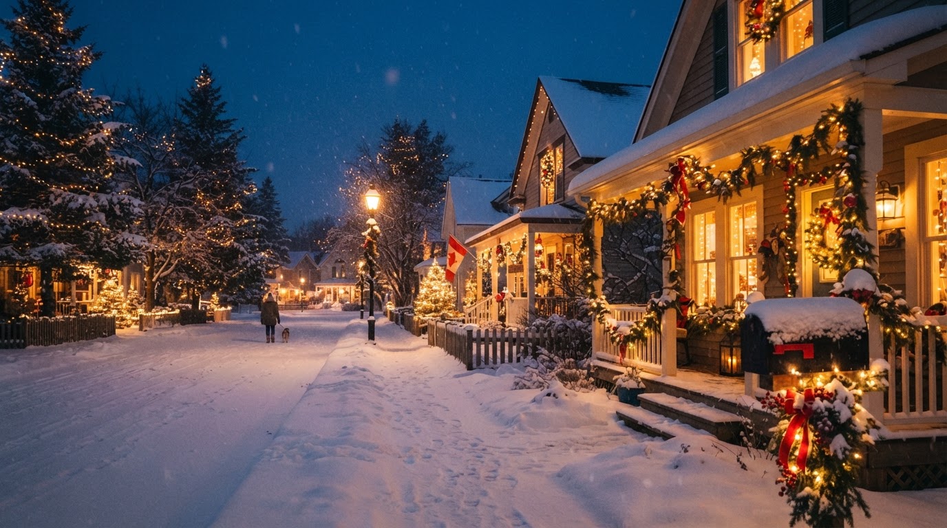 A warmly illuminated snowy Fort Erie street glowing with Christmas lights at dusk