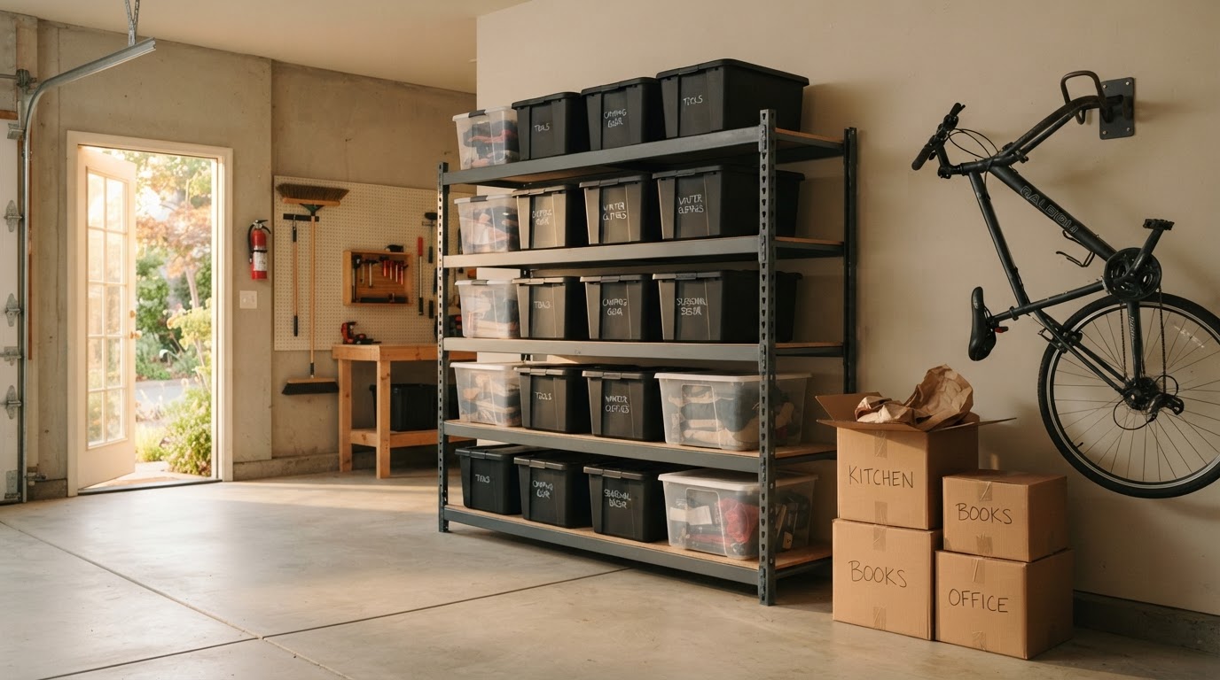 A clean, organized garage with labeled storage bins on shelving and a cleared floor