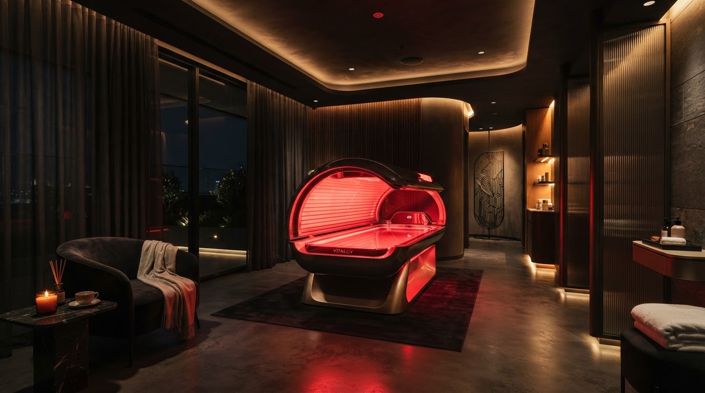 Vernonia Tan and Beauty Full Body Red Light Therapy Bed glowing red
