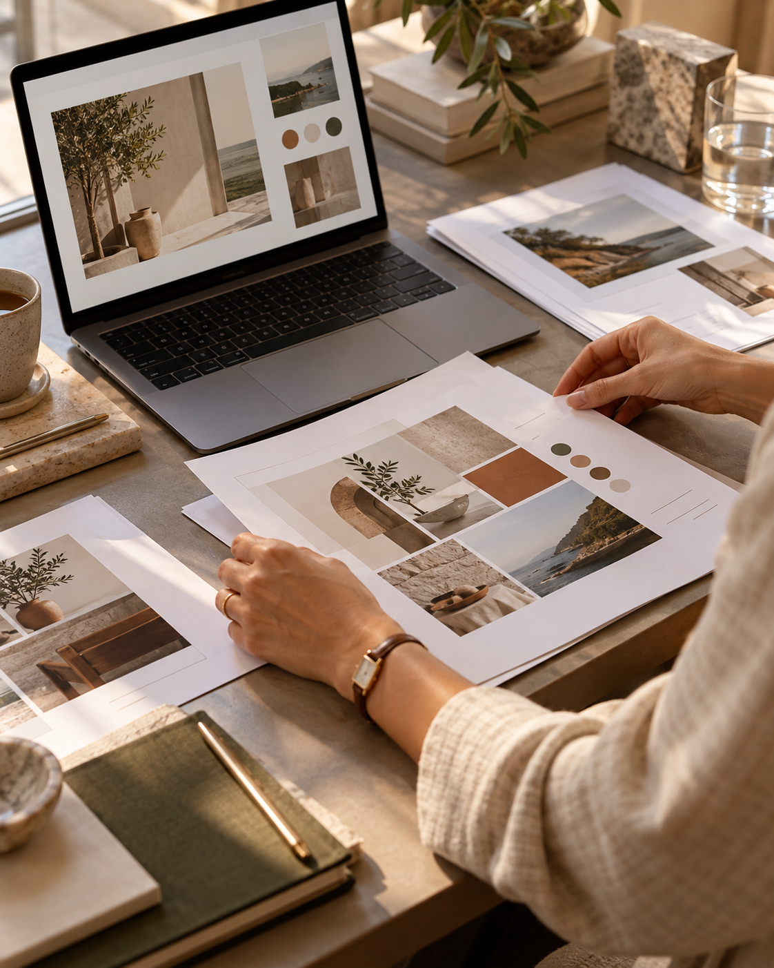 Hands reviewing a website design on a laptop screen