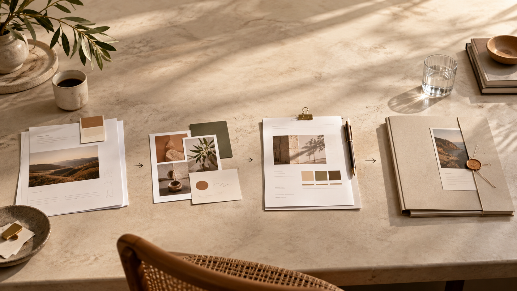 Editorial process flatlay with finishing details