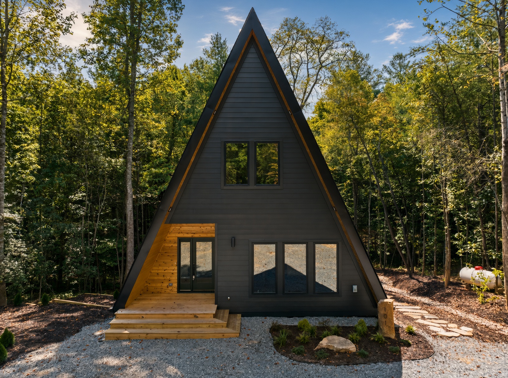 Custom contemporary spec home exterior in the woods