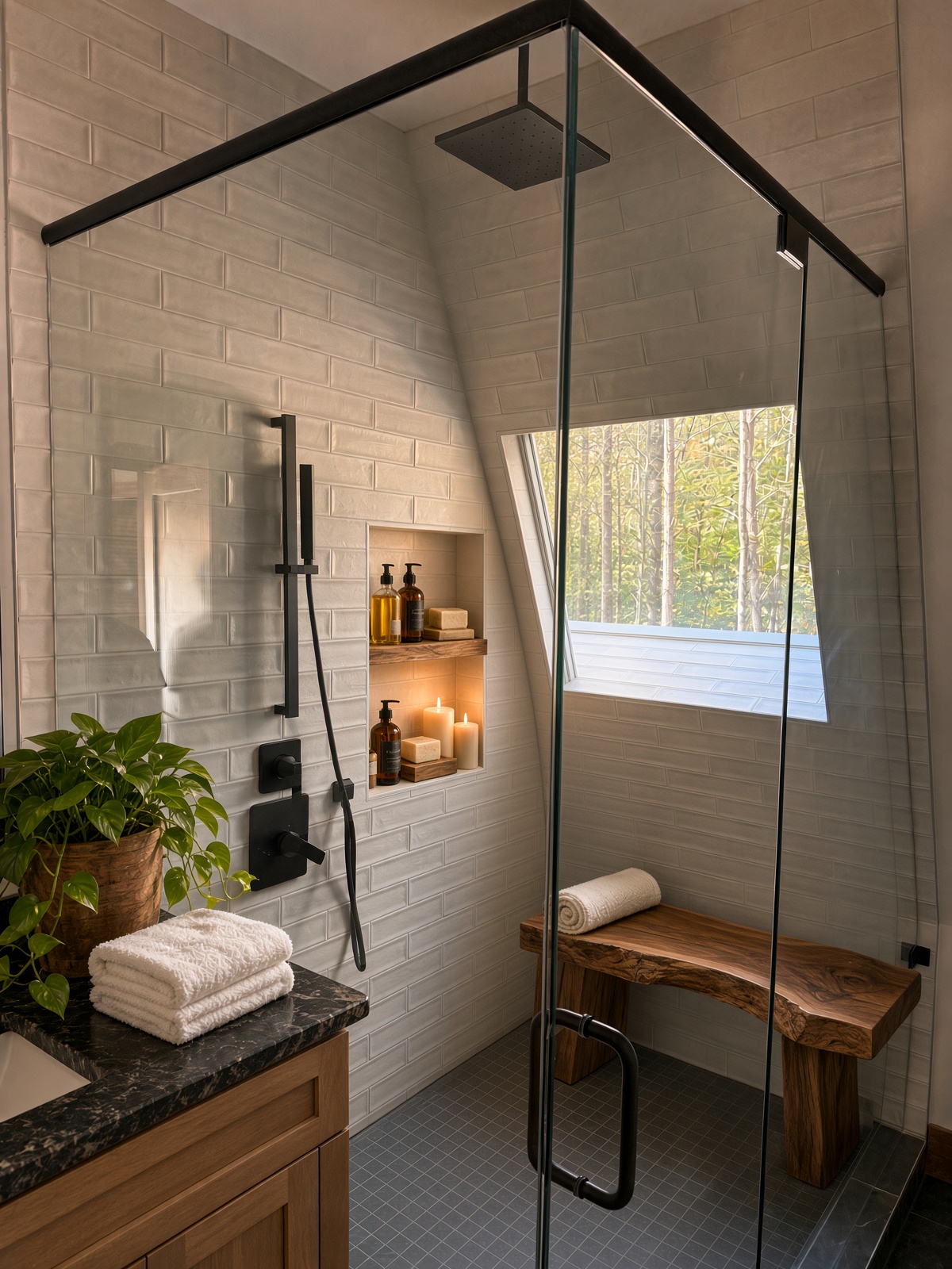 Custom walk-in shower with natural light window