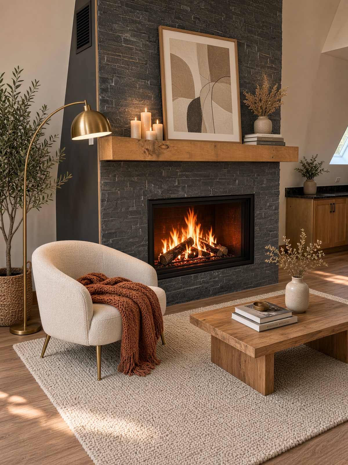 Finished living room interior with stone fireplace