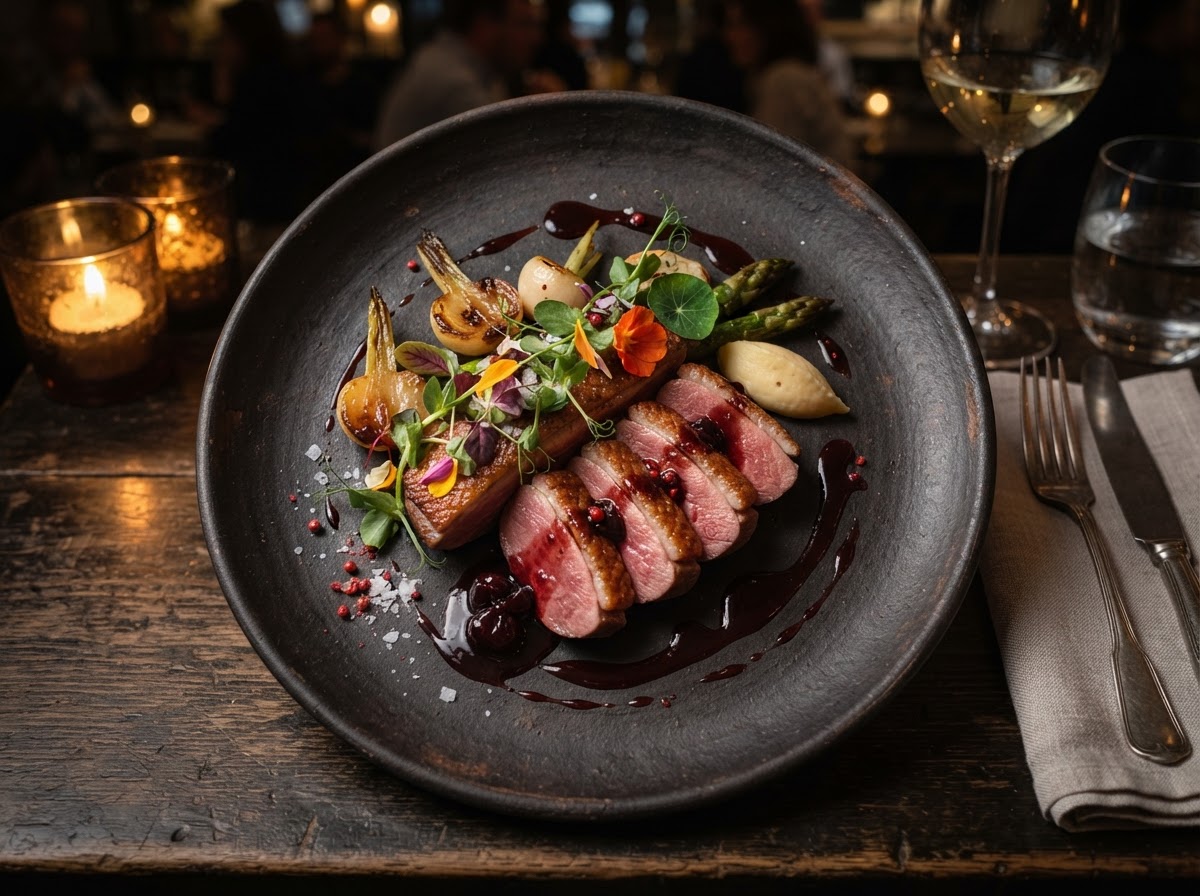 The signature seared duck breast with cherry gastrique