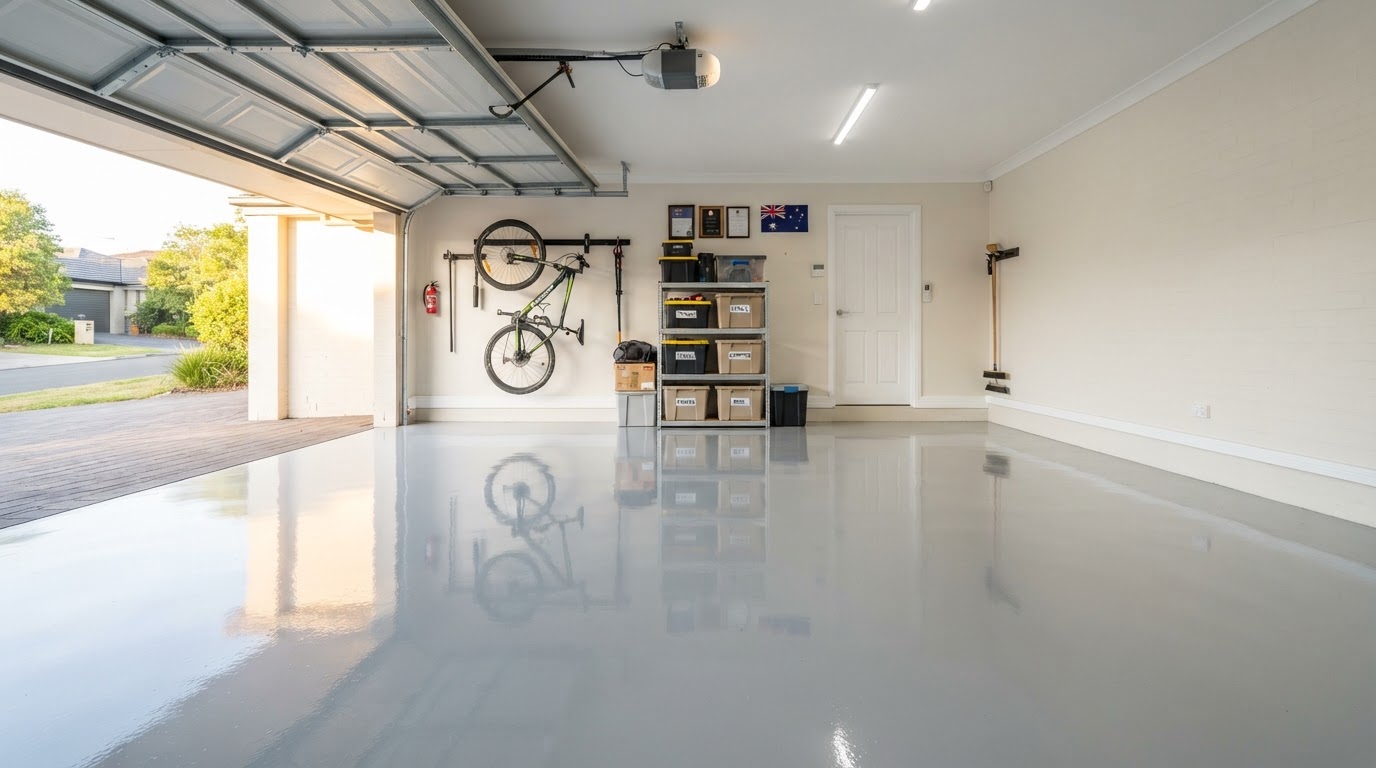 Glossy seamless light grey epoxy floor in a clean Australian garage finished by IPD Epoxy & Concrete Resurfacing