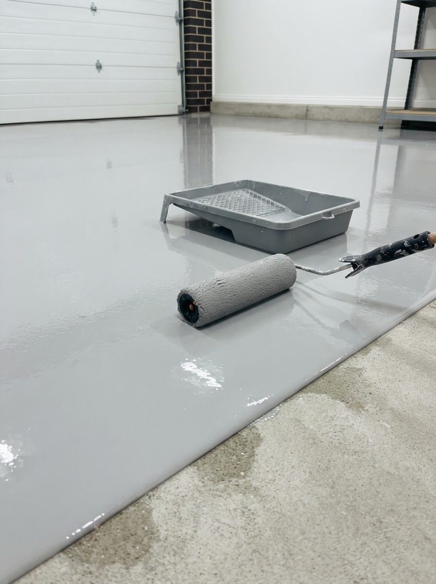 A freshly rolled glossy light grey epoxy coating on a prepared concrete floor