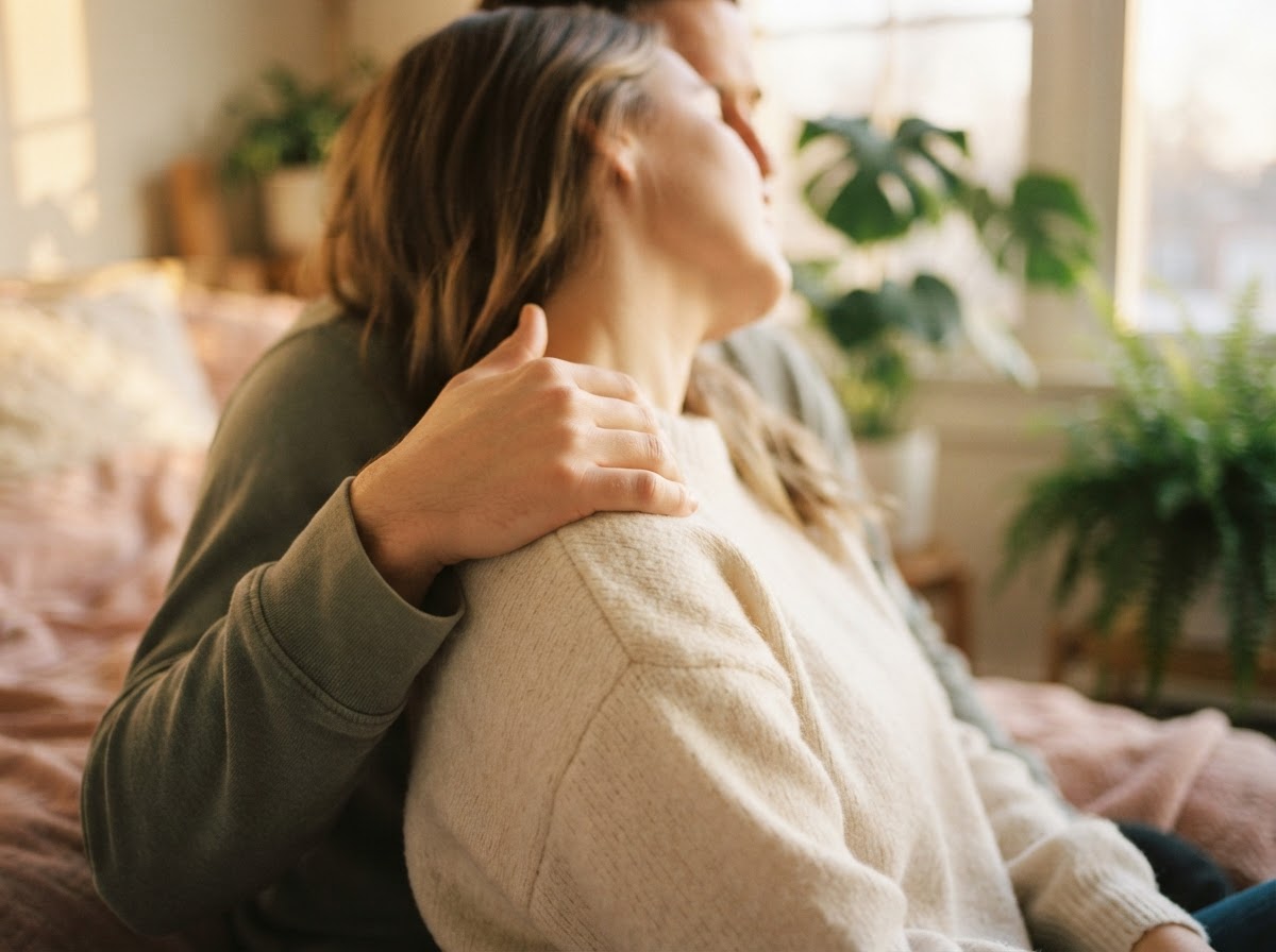 A tender, warm moment of human connection in soft golden light