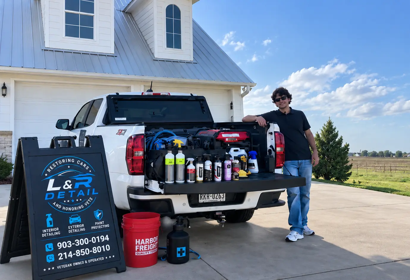 Luke Freeman with L&R Auto Detailing mobile rig setup, equipment, and sign