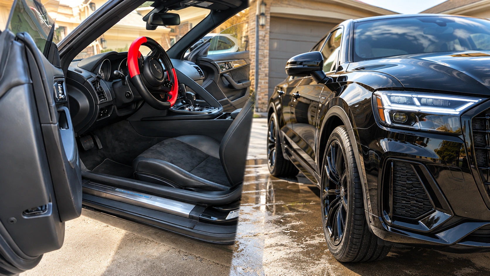 Interior and exterior split view of sports car cockpit with red steering wheel and detailed gloss black SUV