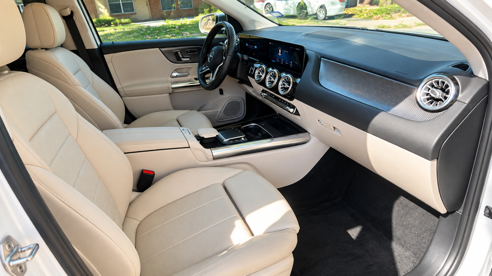 Pristine cream Mercedes-Benz leather cabin and dashboard after interior detailing