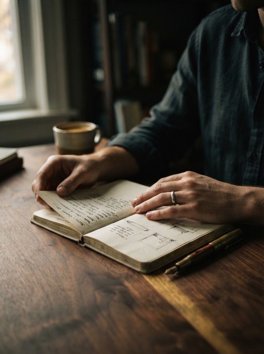Un momento de escritura en un cuaderno, con luz natural cálida