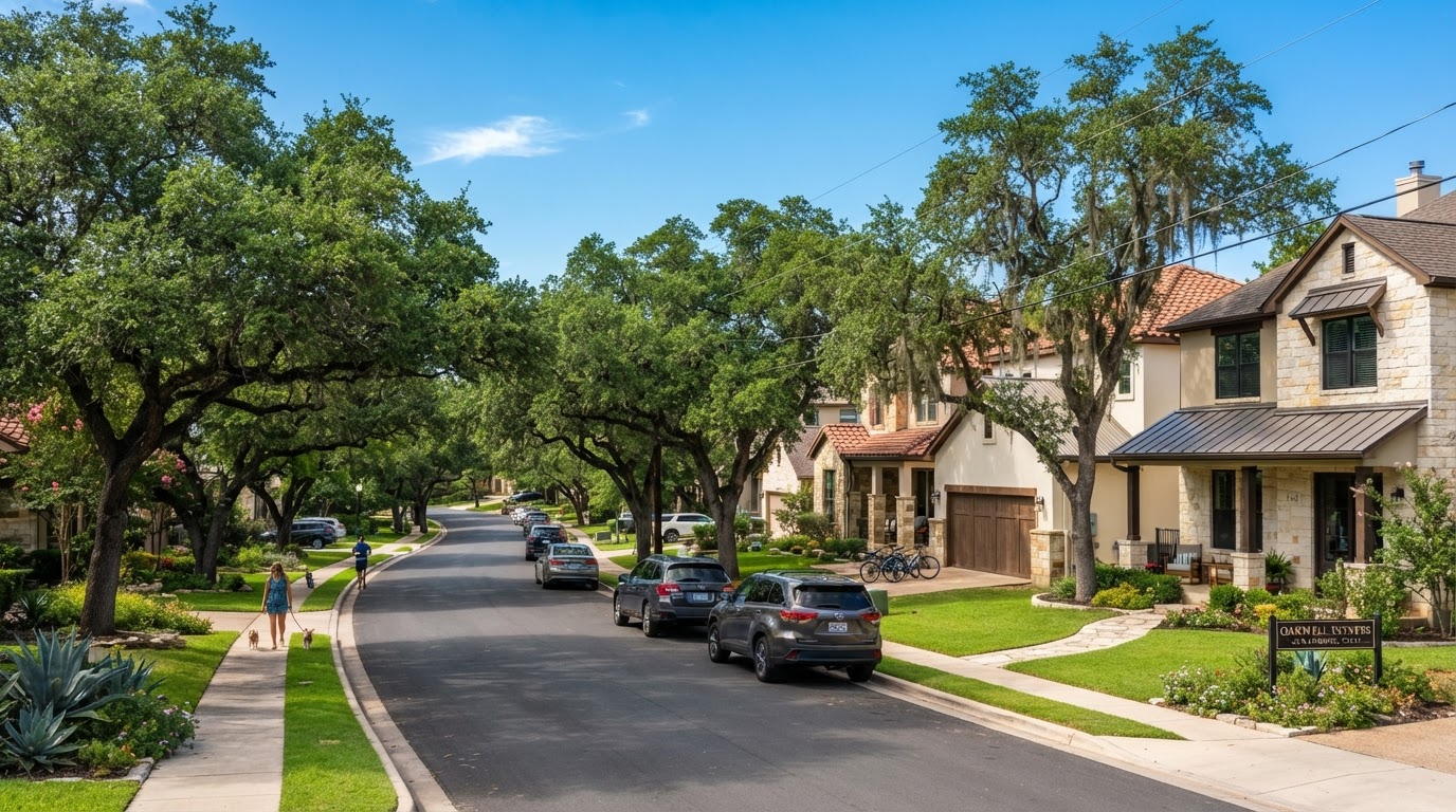A welcoming San Antonio neighborhood at golden hour, stucco homes beneath mature oak trees