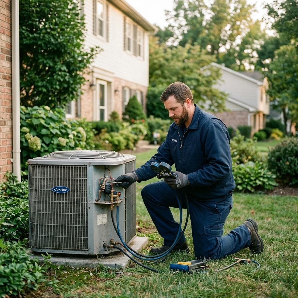 A technician servicing an outdoor air conditioning unit
