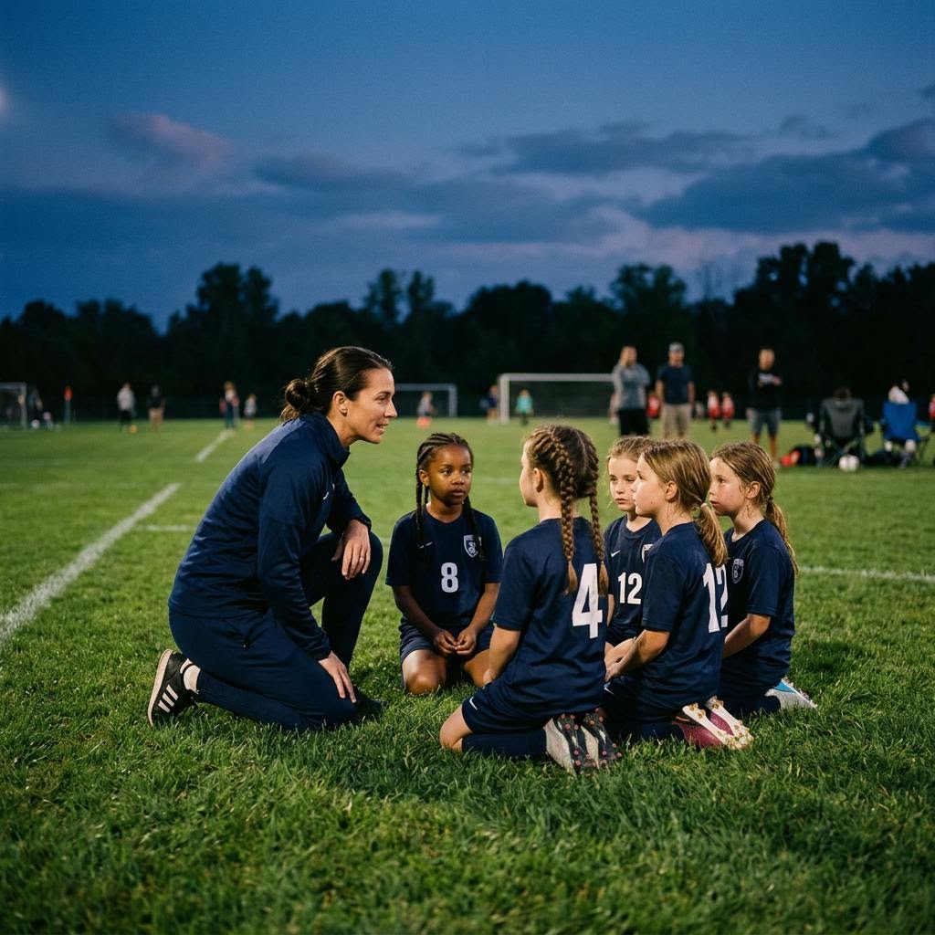 A coach talking with young players on a field
