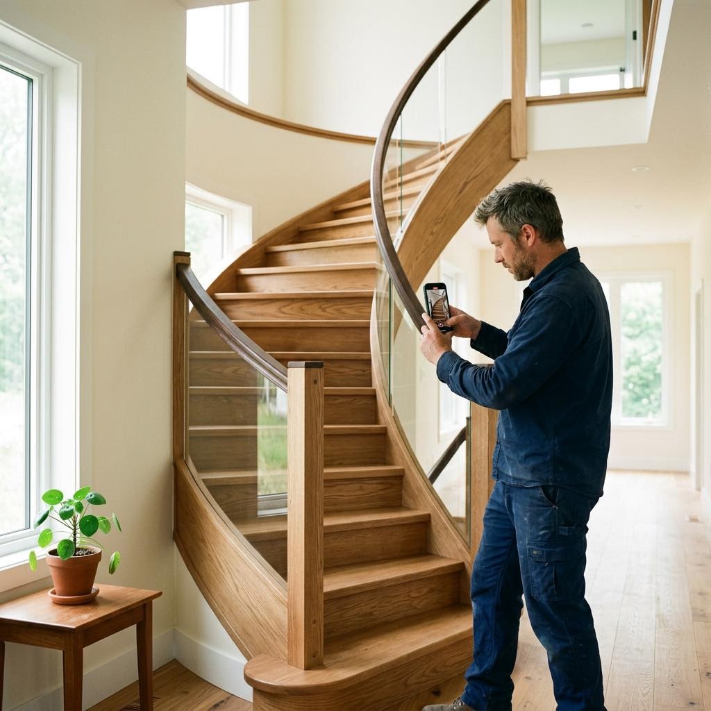 A carpenter filming a finished staircase on a phone