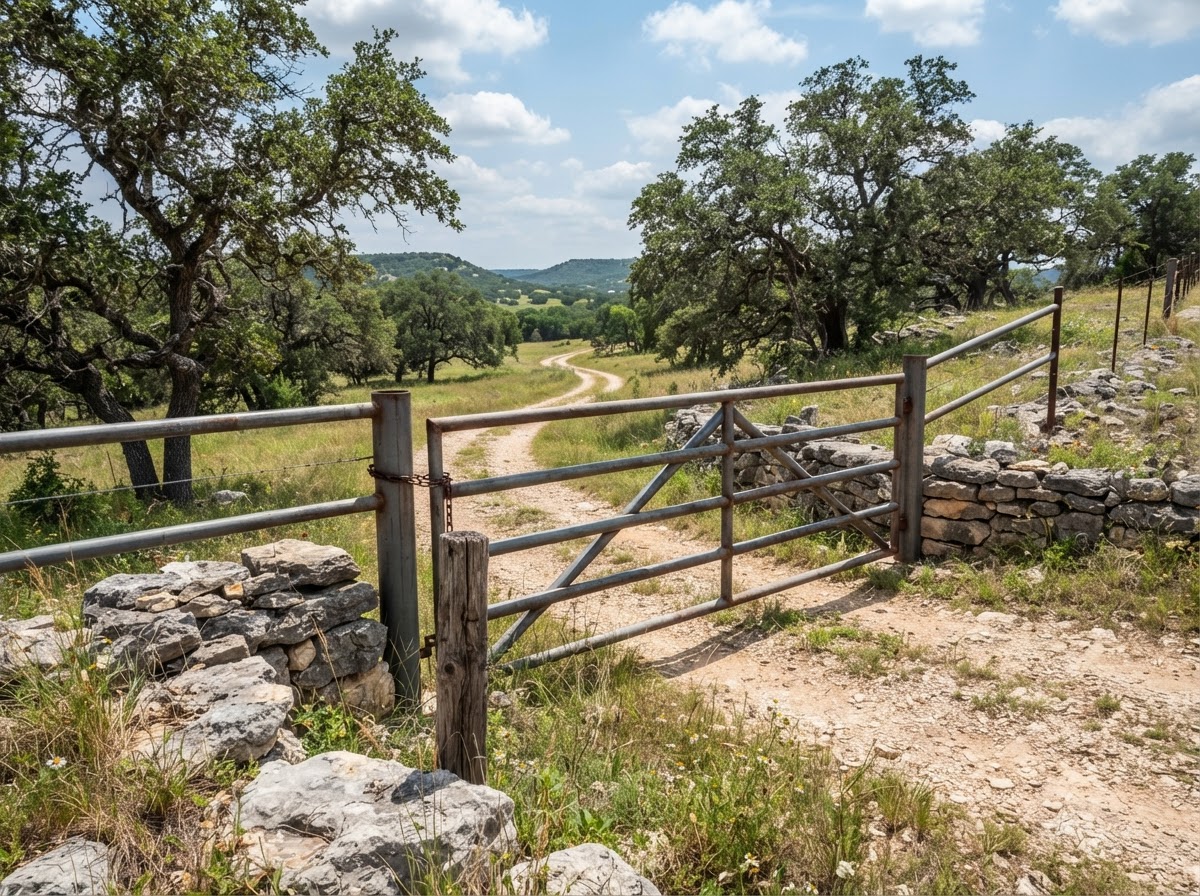 Ranch pipe gate powder coated for a Helotes Hill Country ranch