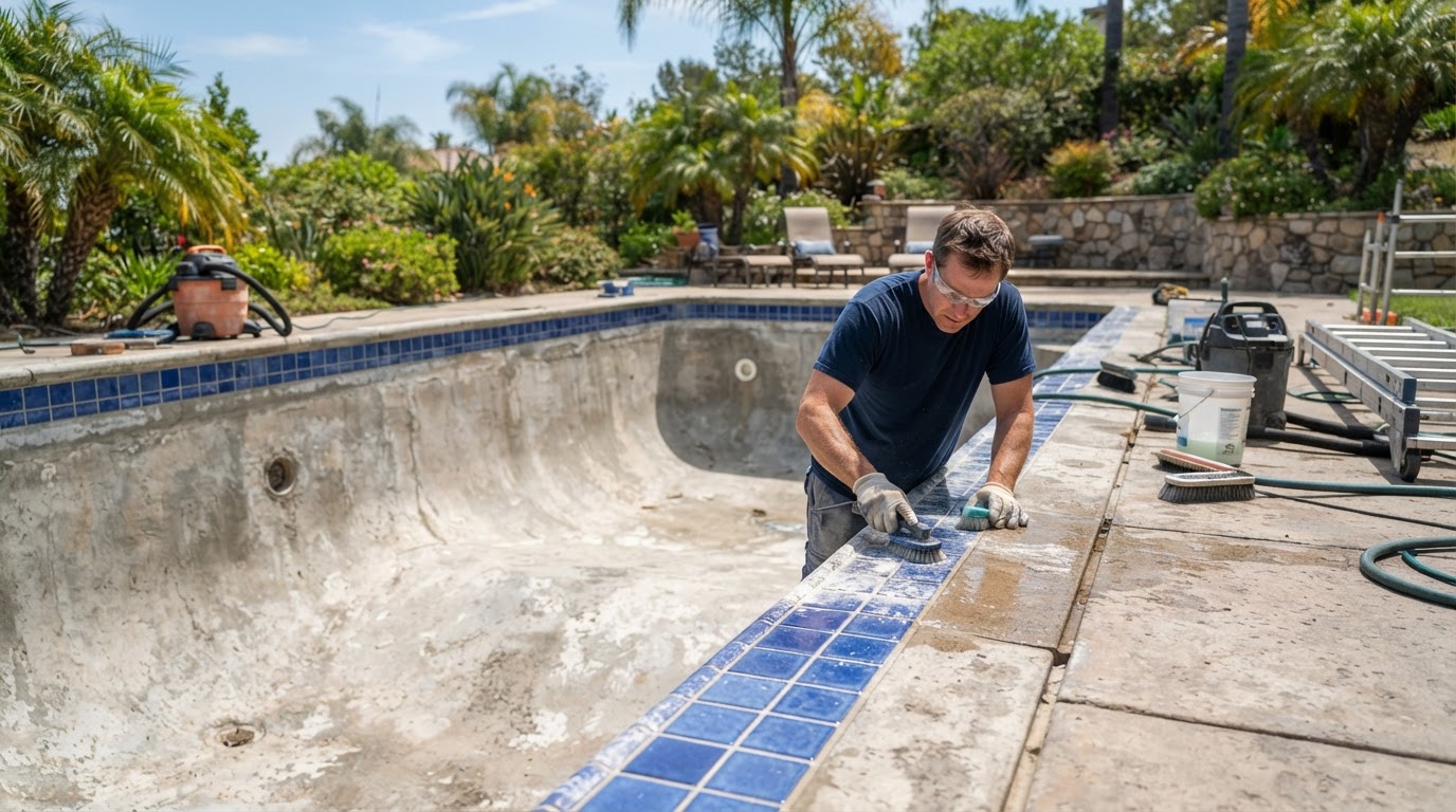Drained swimming pool with clean tile being prepared for resurfacing