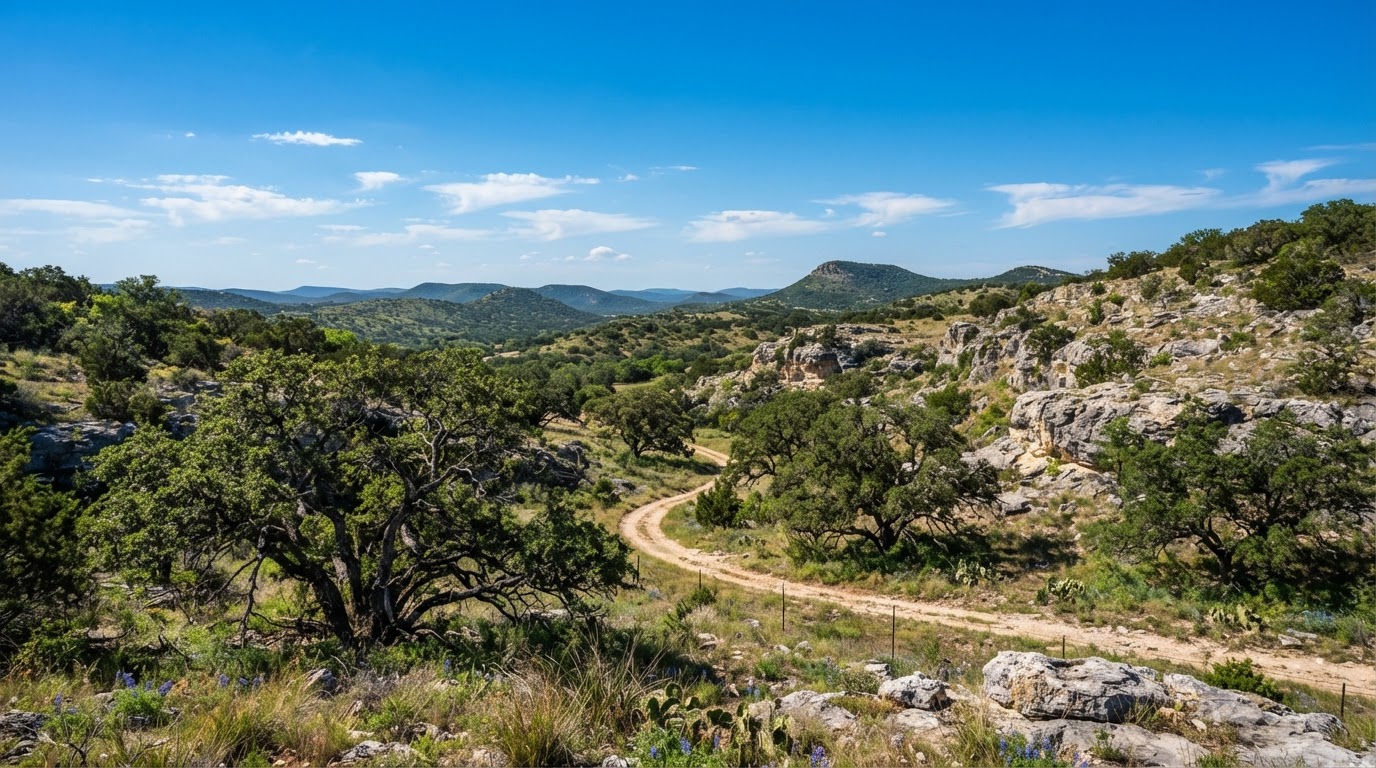 Texas Hill Country scenery with live oak trees and limestone near San Antonio
