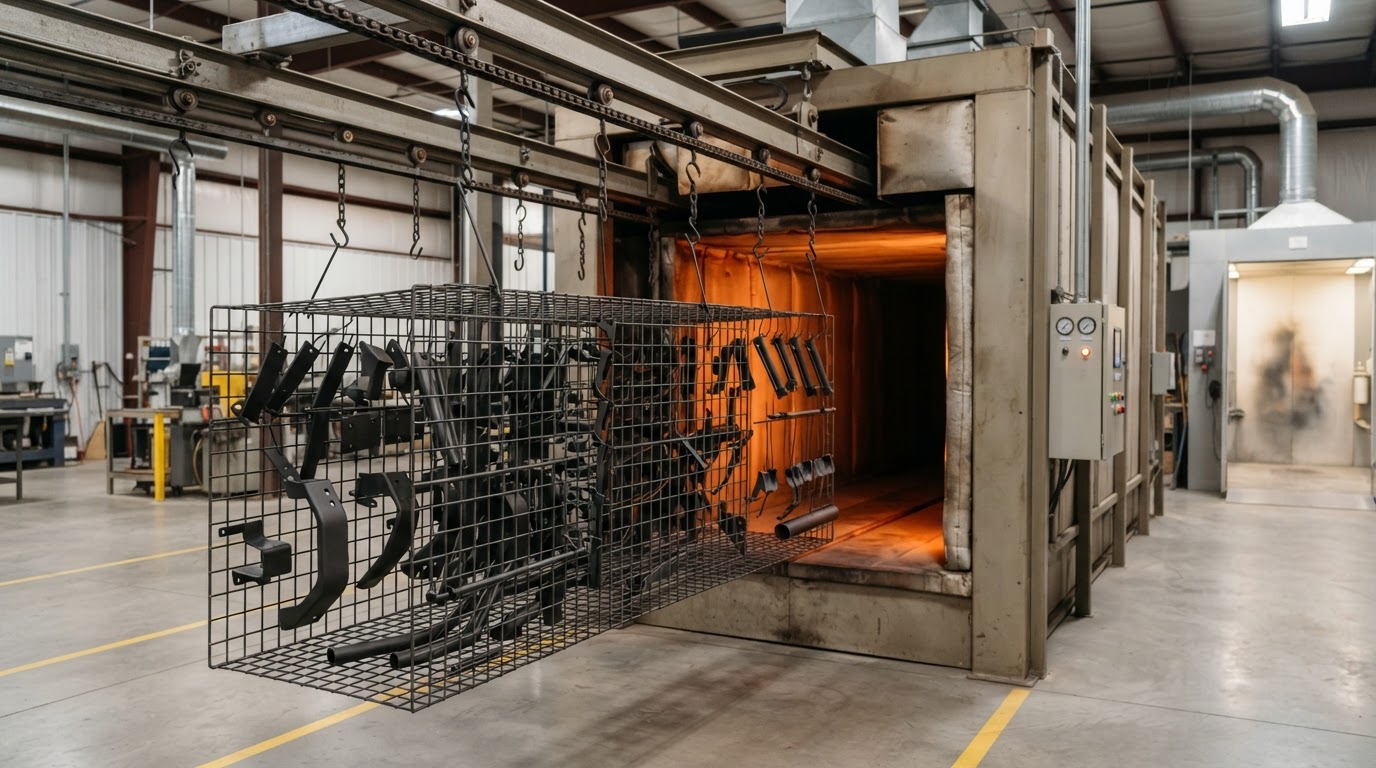 Metal parts on racks entering a curing oven so powder flows into a hard even finish
