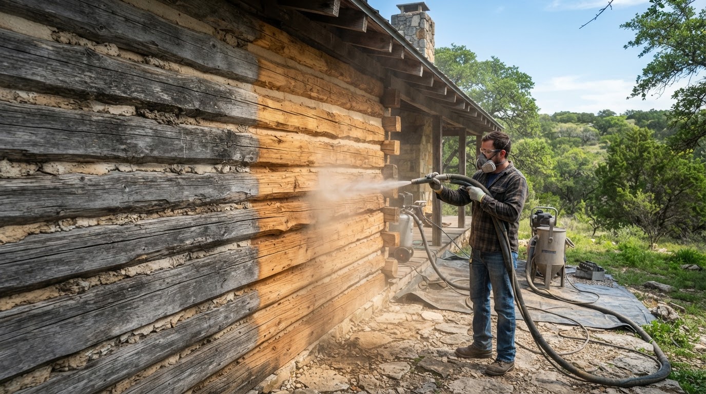 Log home wall media-blasted before re-staining near Helotes