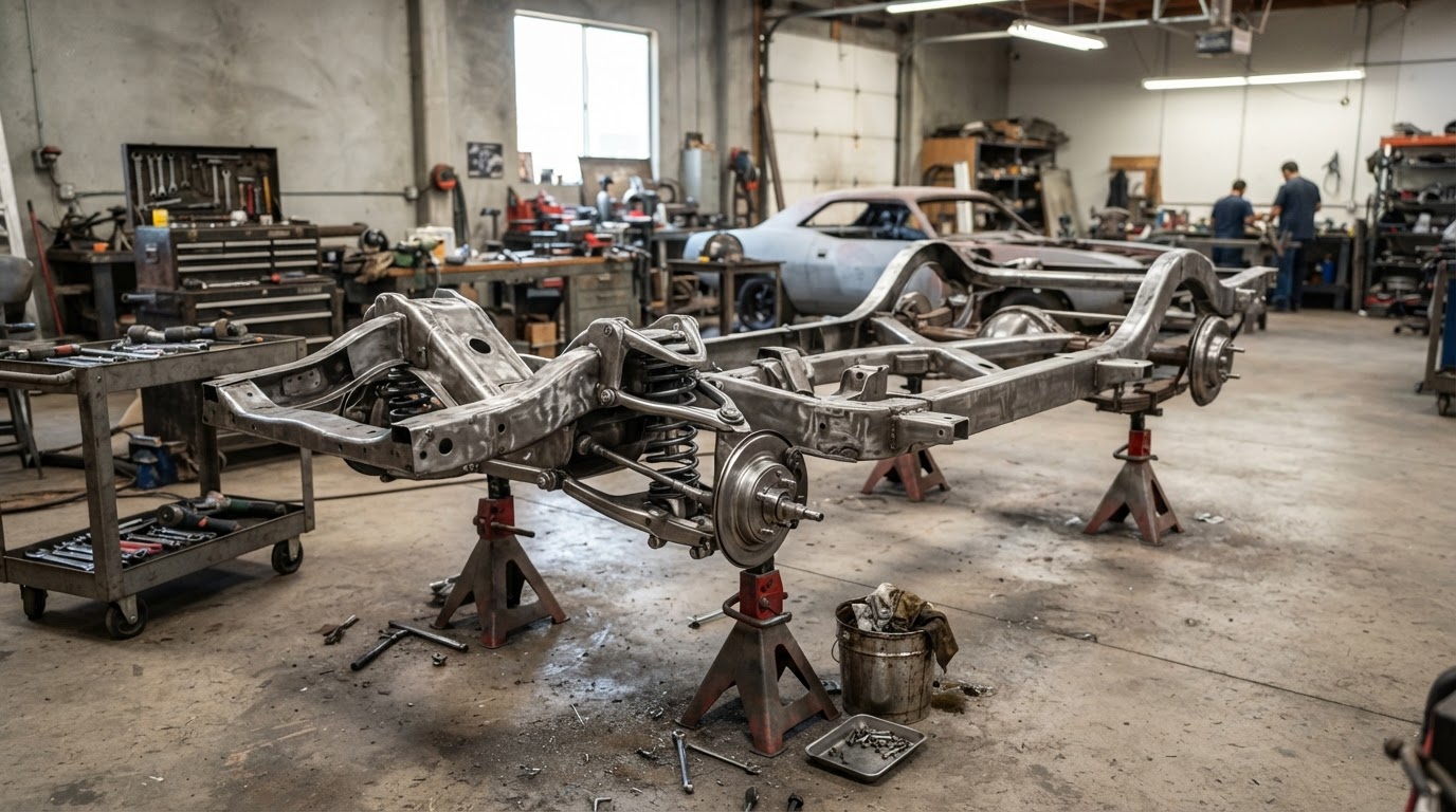 Classic car chassis and suspension parts stripped to bare metal in a restoration shop