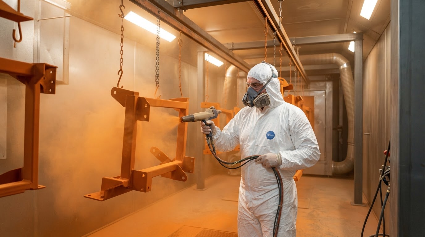 Powder coating technician spraying dry powder onto metal parts hanging from racks in a San Antonio shop