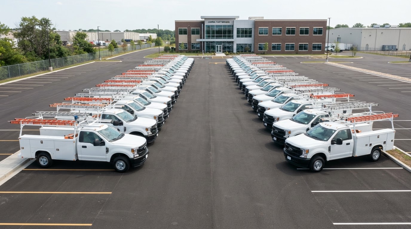 Fleet of work trucks lined up, ready for blasting and re-coating