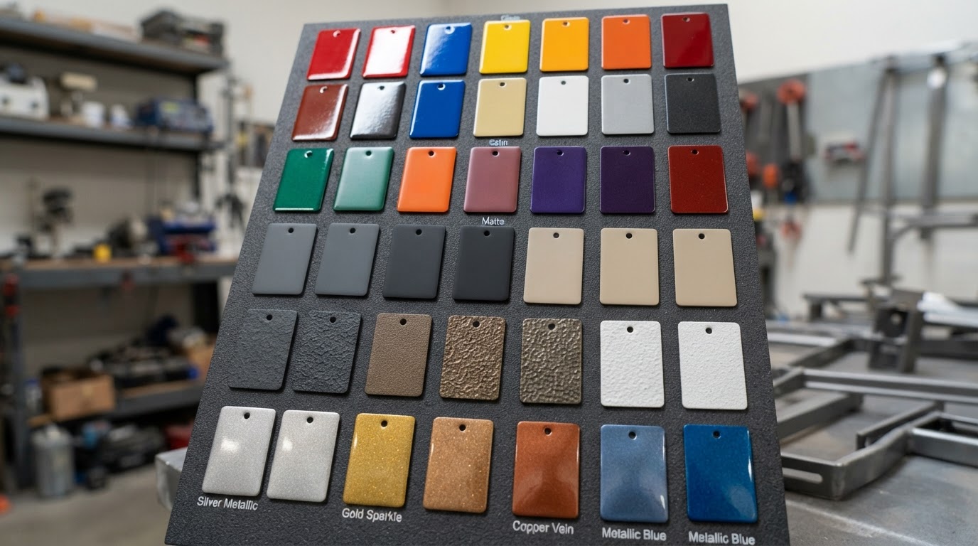 Powder coating color and finish samples in gloss, satin, matte, textured and metallic