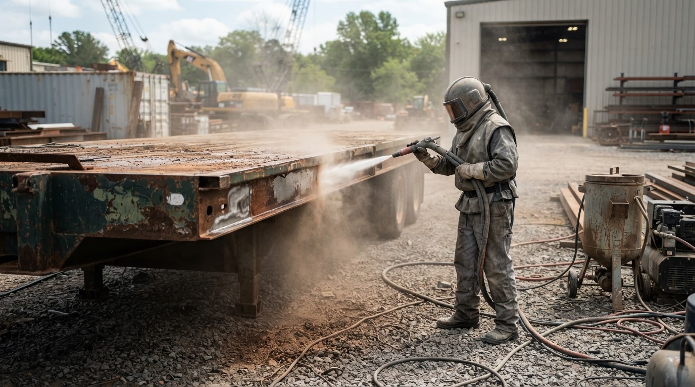 Trailer being abrasive blasted to remove old paint and rust in a yard