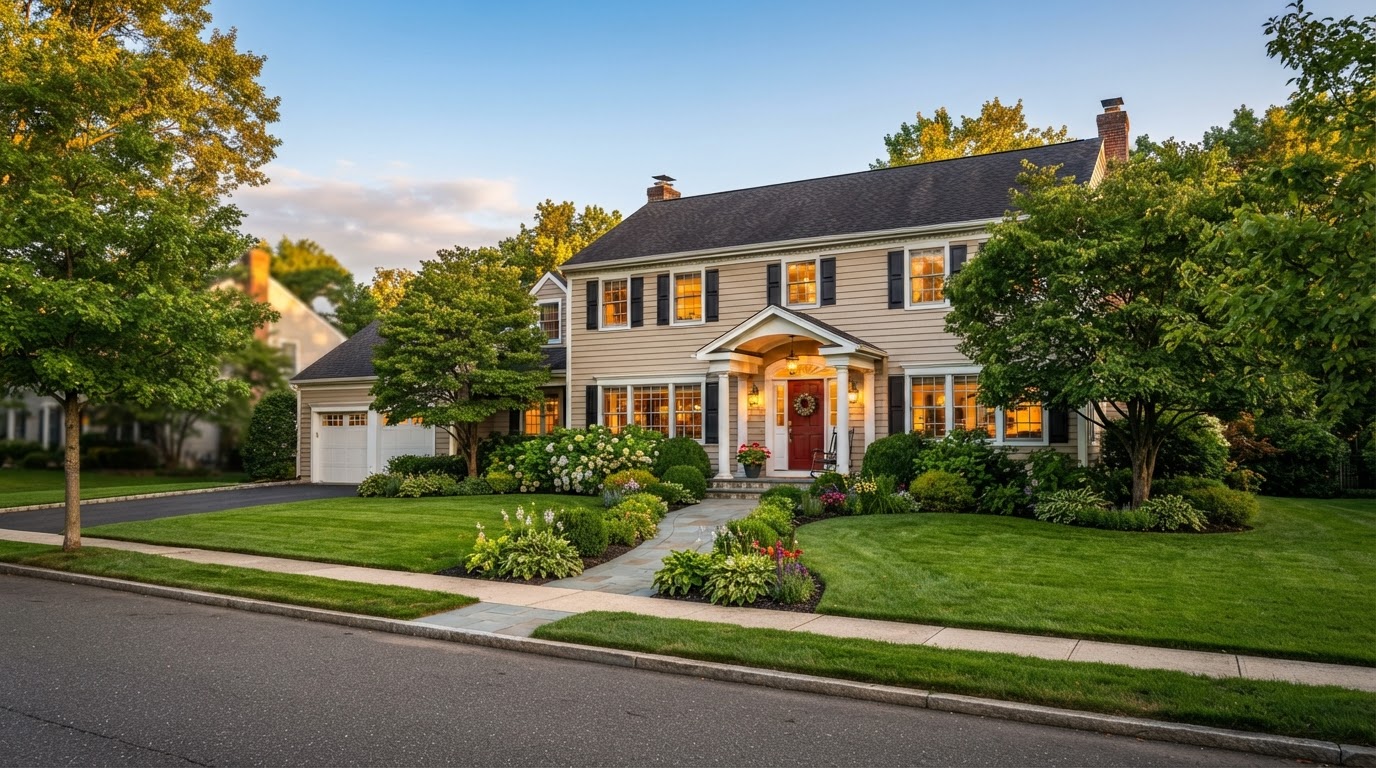 A welcoming New Jersey colonial home at golden hour